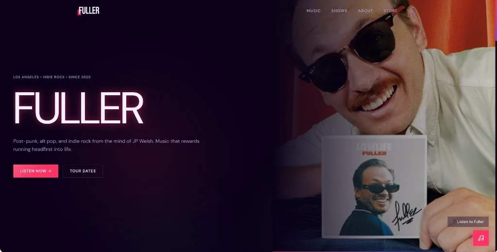 Fuller official music website preview: Los Angeles indie rock artist JP Welsh — hero with Listen Now and Tour Dates, navigation, and Lowlife album artwork (live site screenshot).