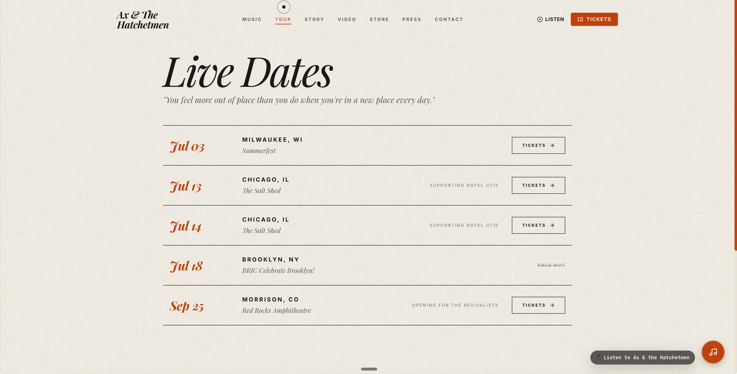Ax & The Hatchetmen tour page