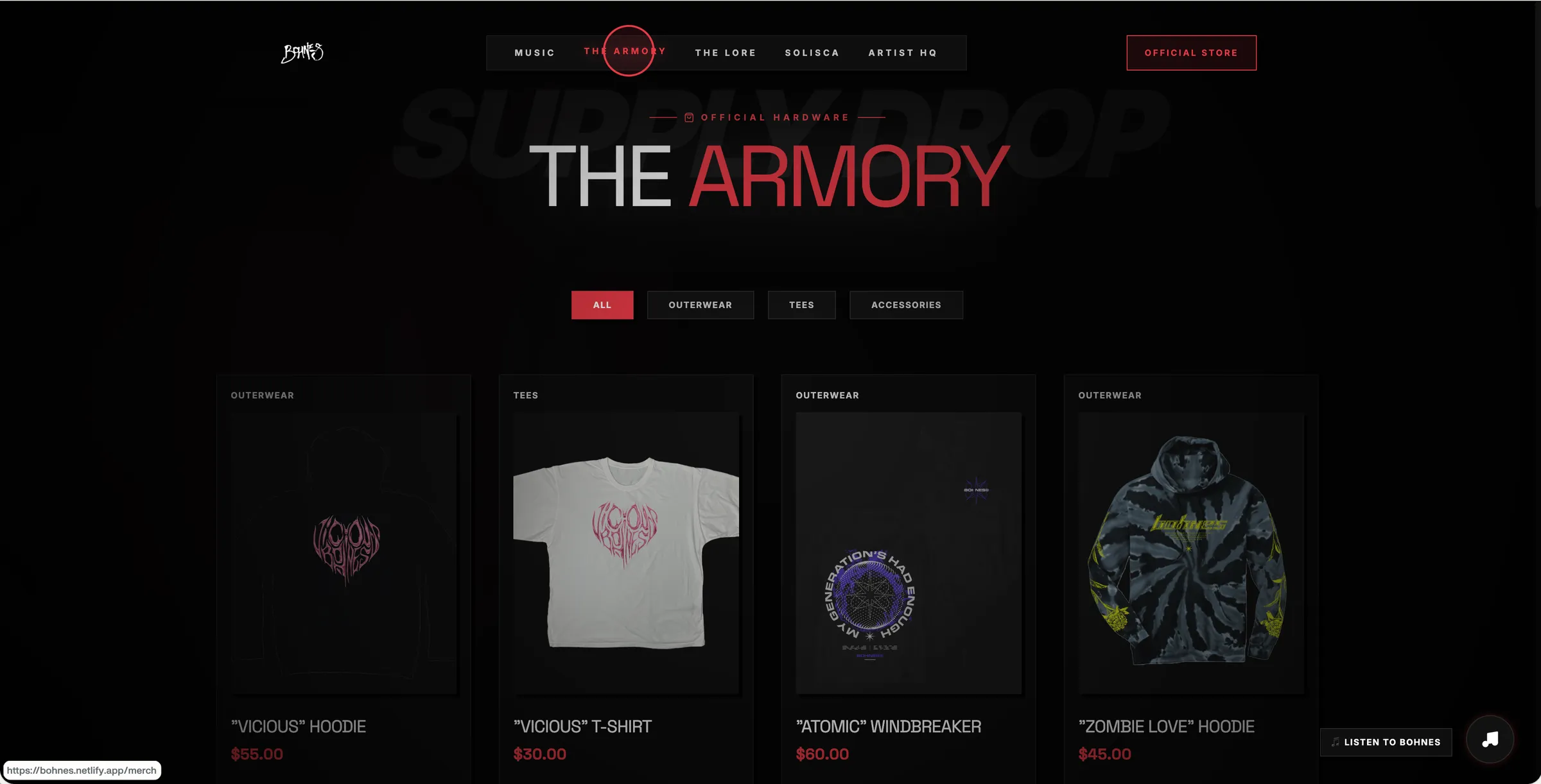 Bohnes merch page