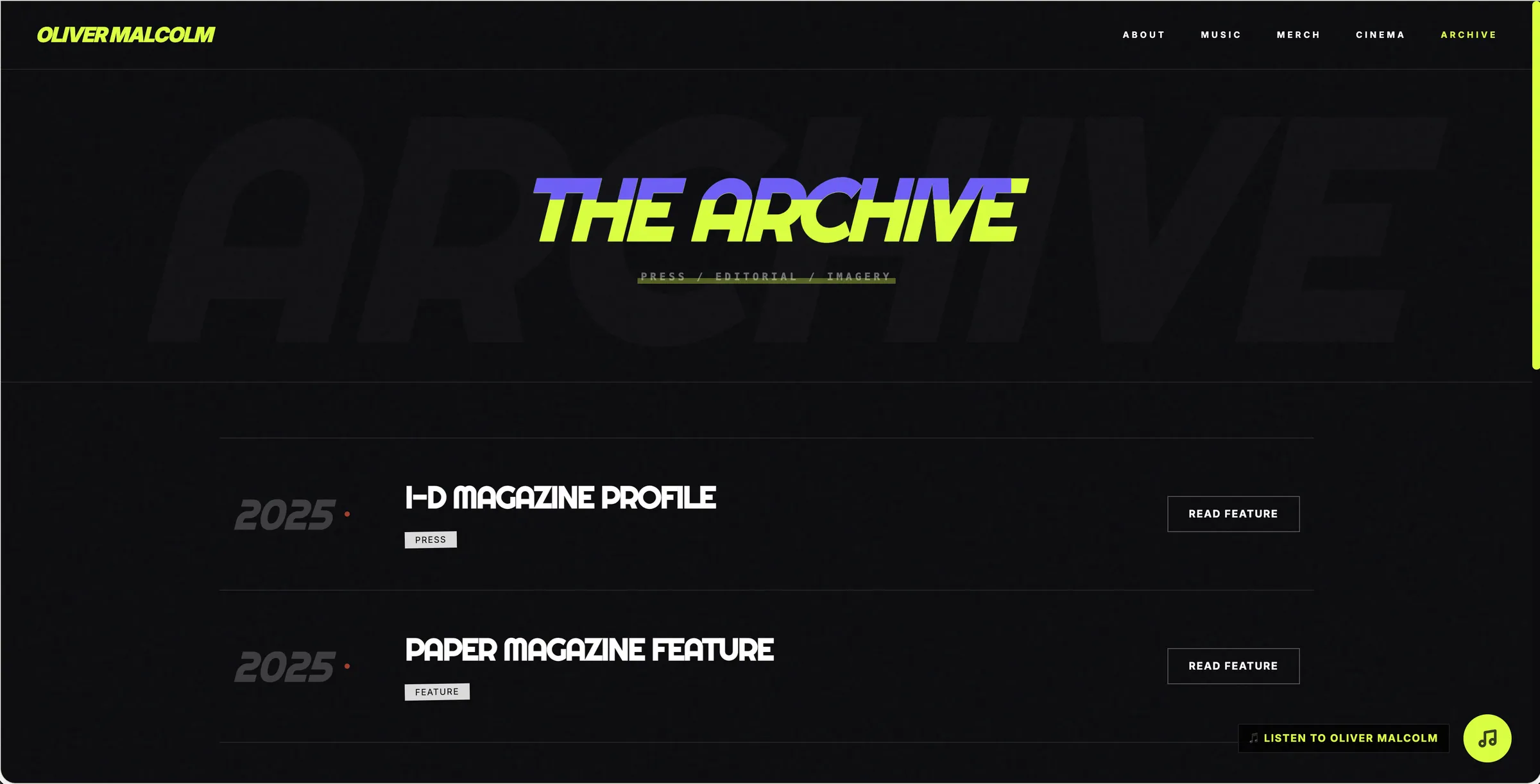 Oliver Malcolm archive page