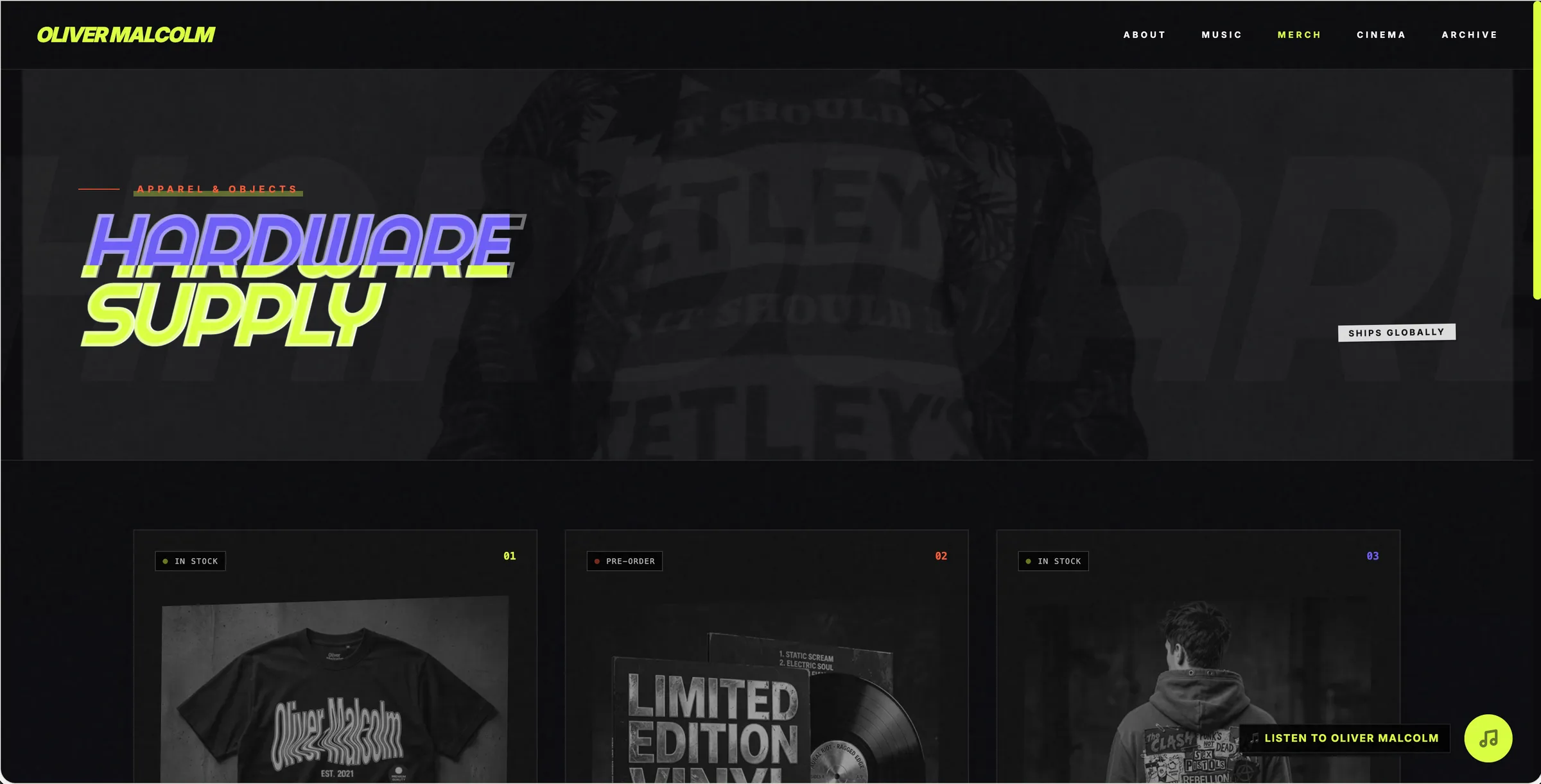 Oliver Malcolm merch page